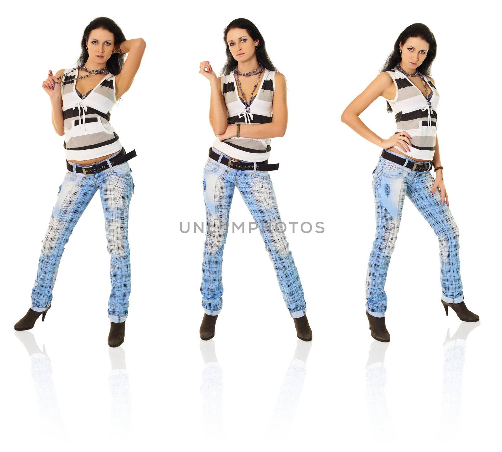 Sexy girl in torn jeans on white background in three variants