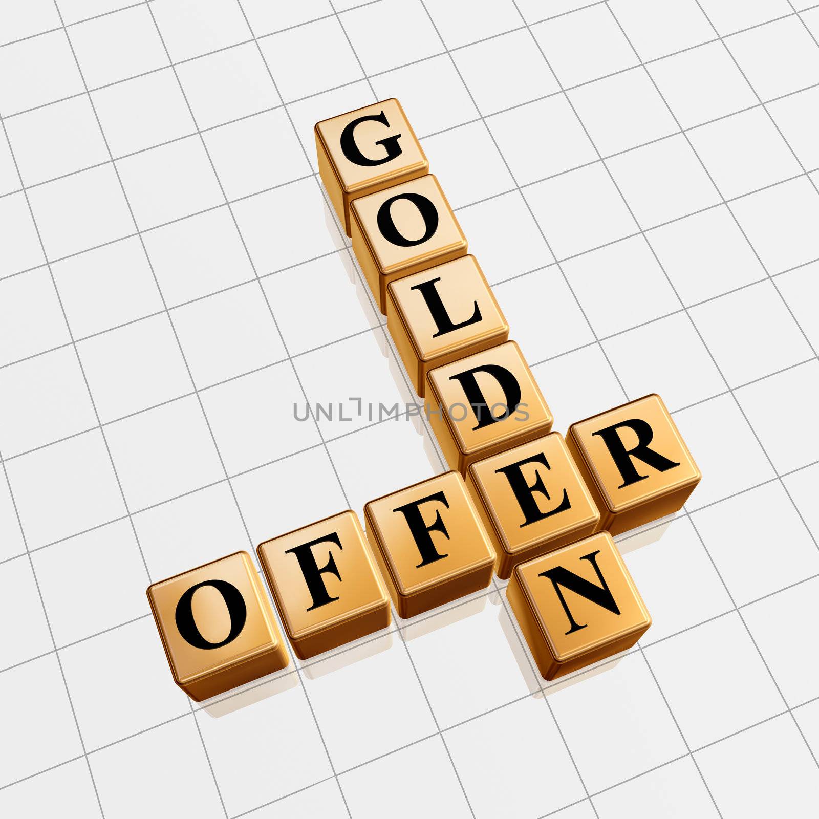 3d golden cubes with black letters like crossword with text - golden offer