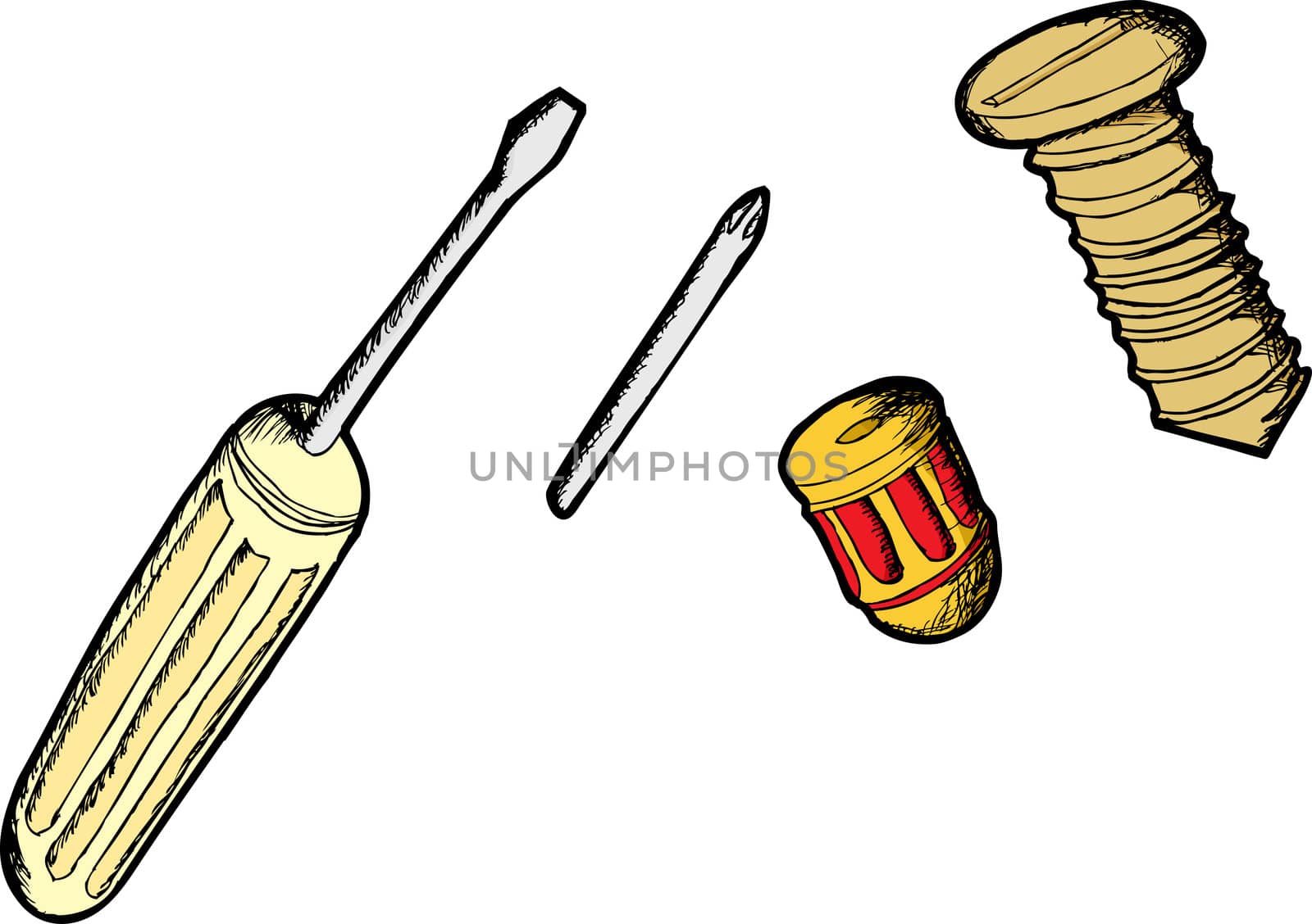 Cartoons of different screwdrivers and a screw over white