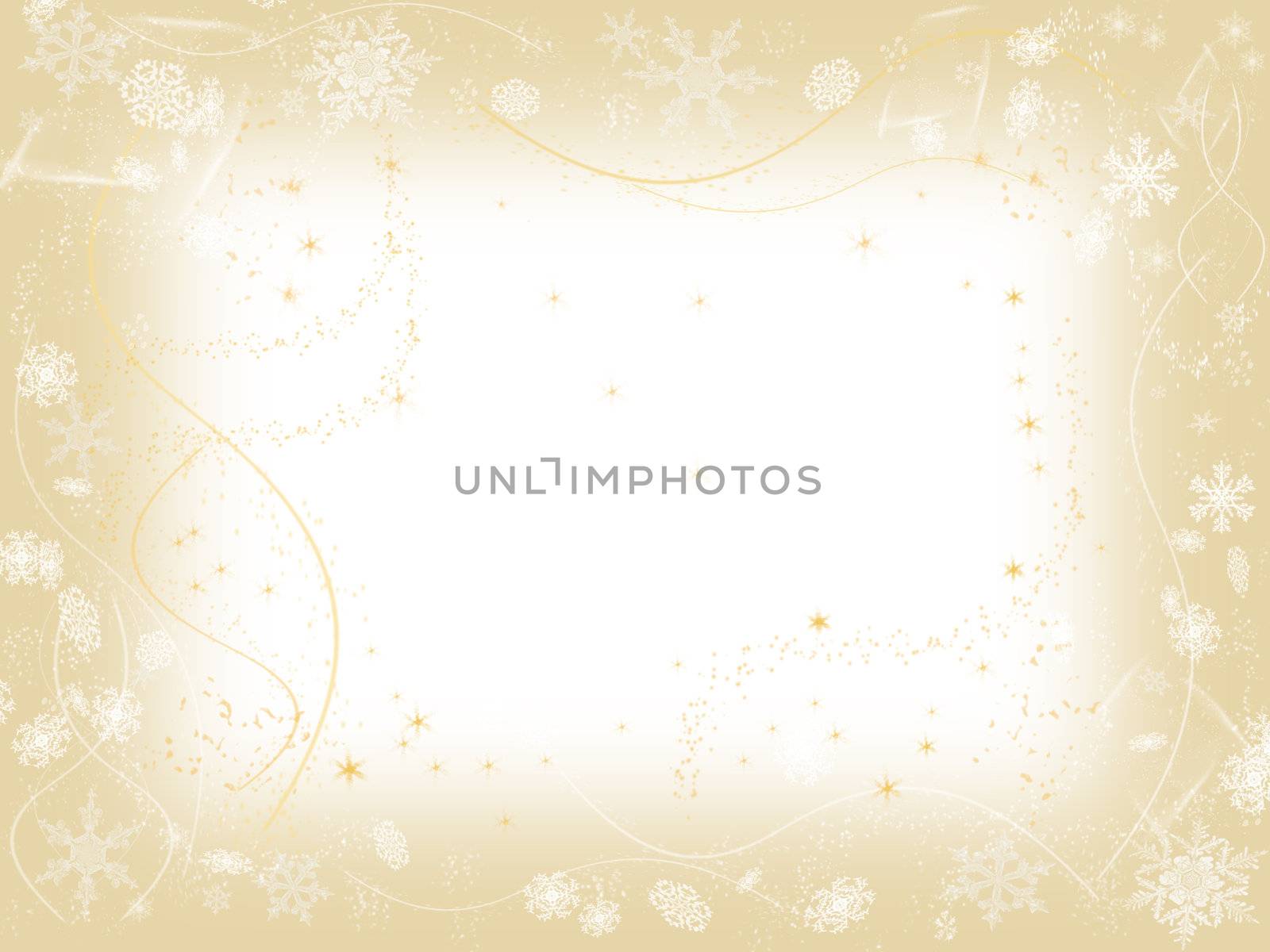 white snowflakes over beige frame background with feather center
