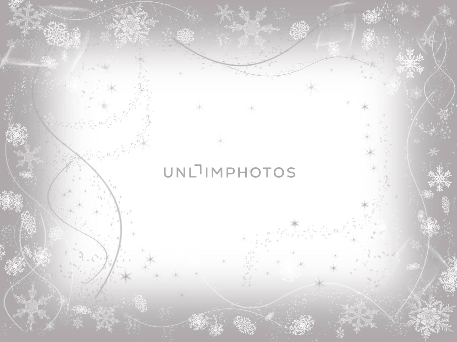 white snowflakes over grey frame background with feather center