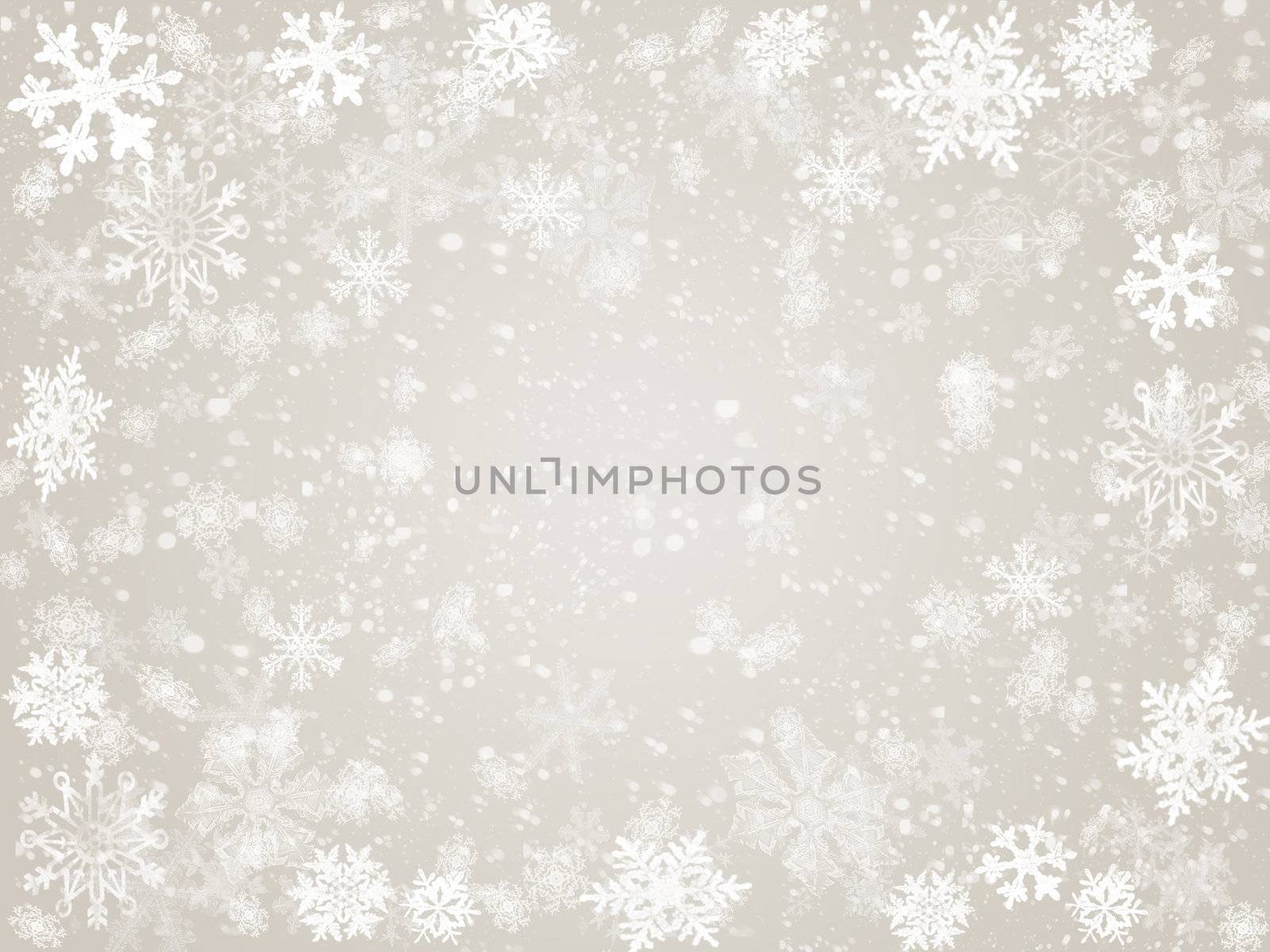 white snowflakes over grey background with feather center