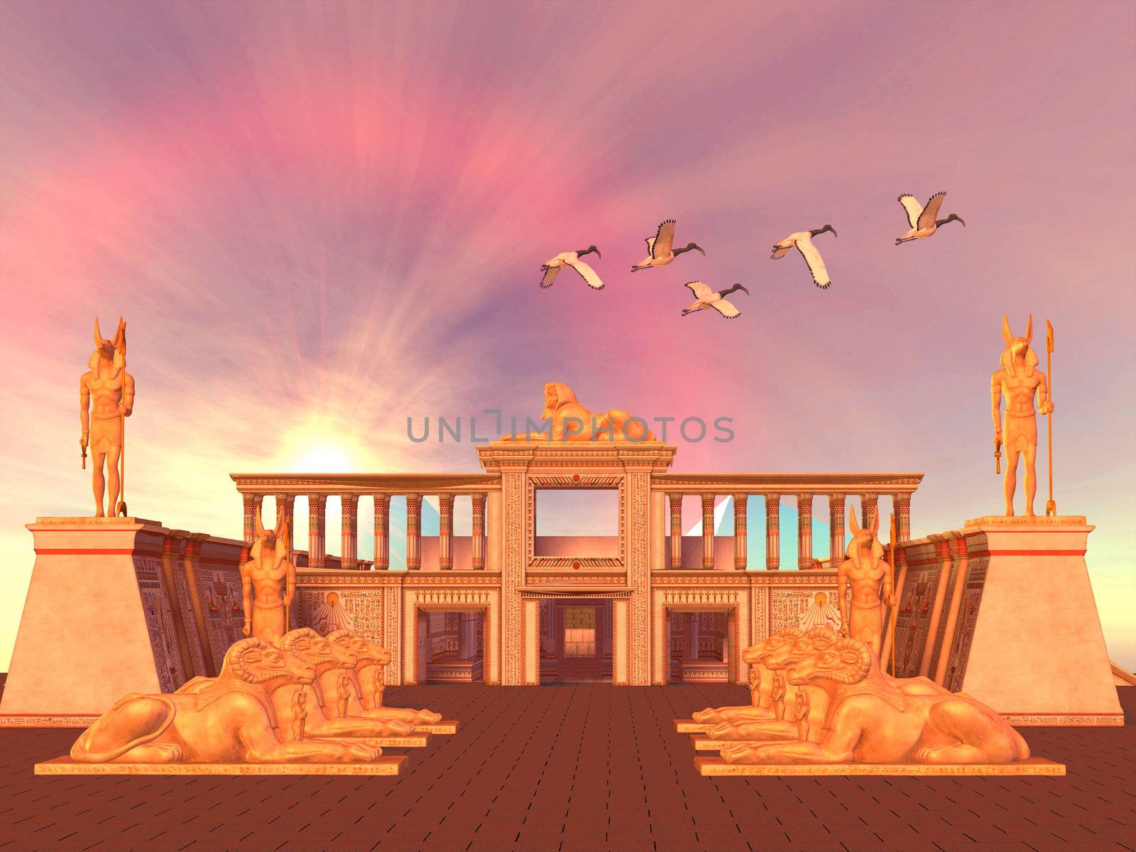 A flock of Sacred Ibis birds fly over an Egyptian palace and its entrance lined with Ram God Khnum statues.
