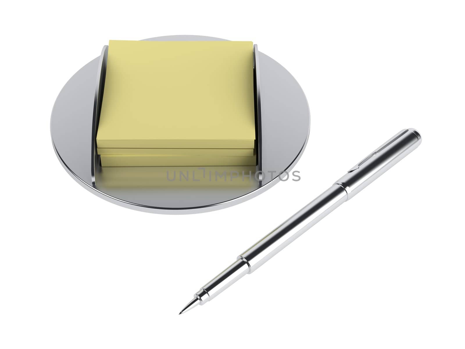 Pen and yellow papers isolated on white background