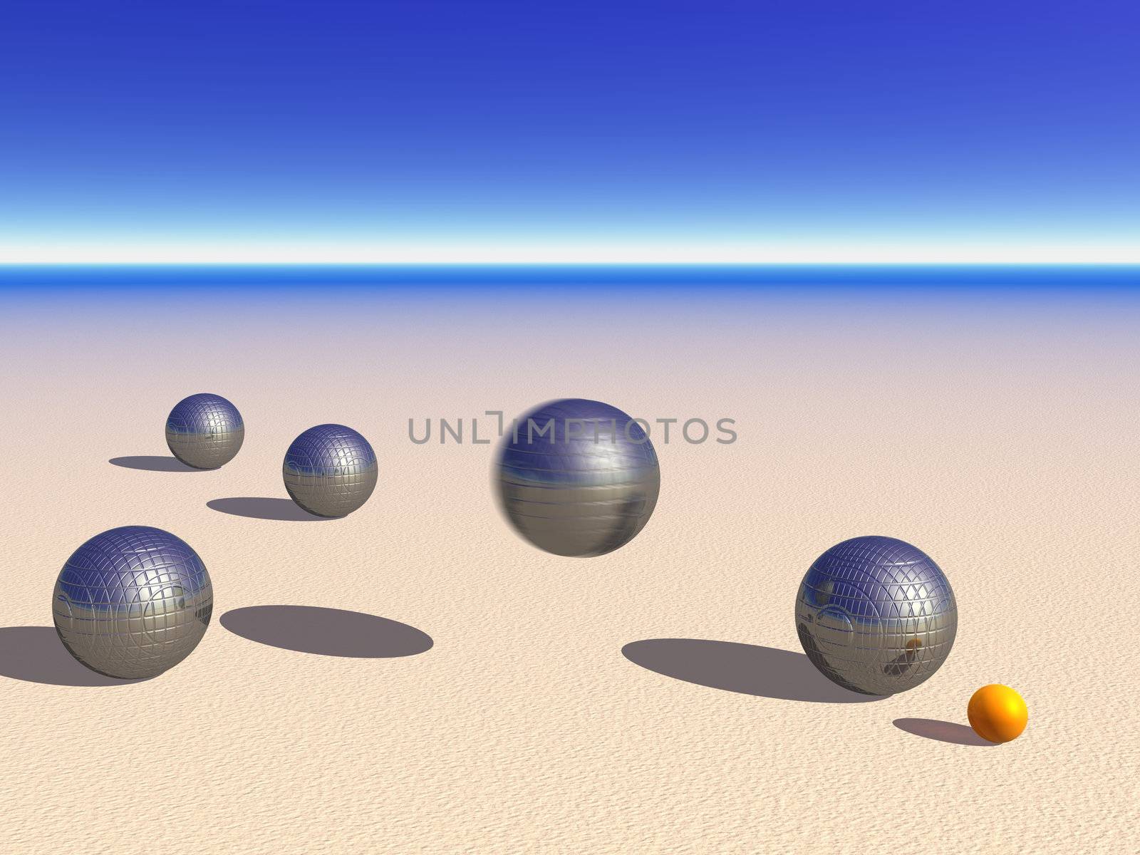 One flying and four other grey metallic petanque balls and the orange small jack ball on the sand by beautiful weather