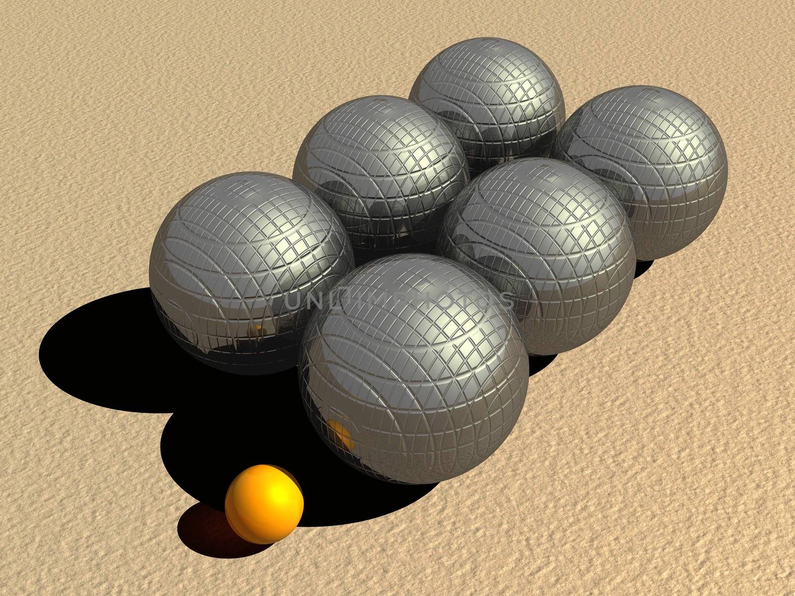Six big metallic petanque balls and a small orange jack on the sand