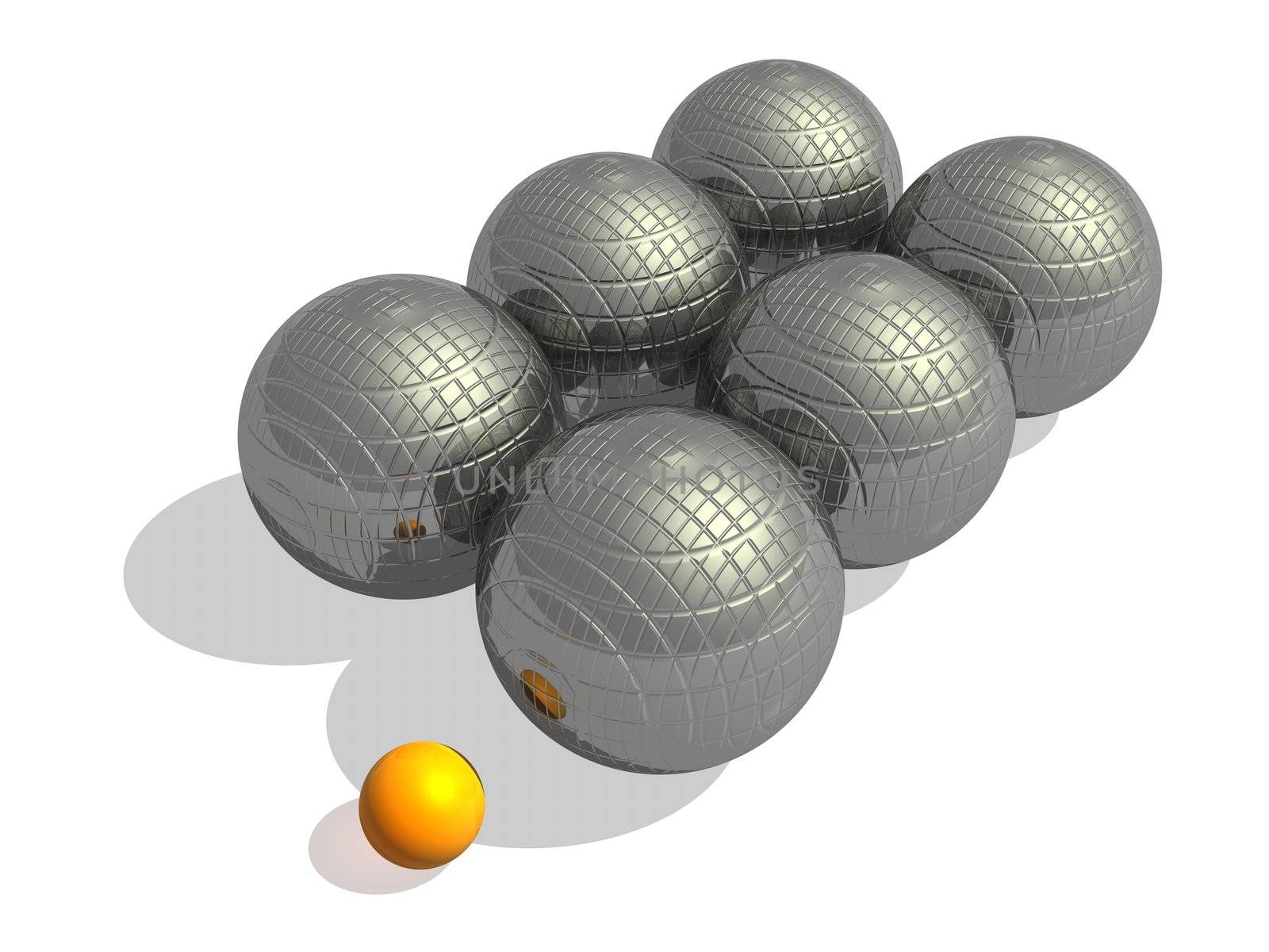 Six big metallic petanque balls and a small orange jack in a white background