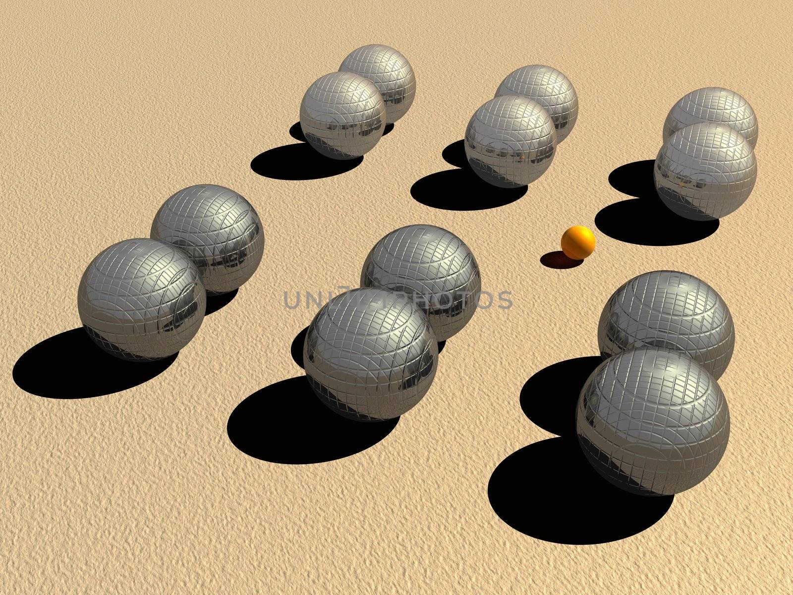 Two teams of big metallic petanque balls and a small orange jack on the sand