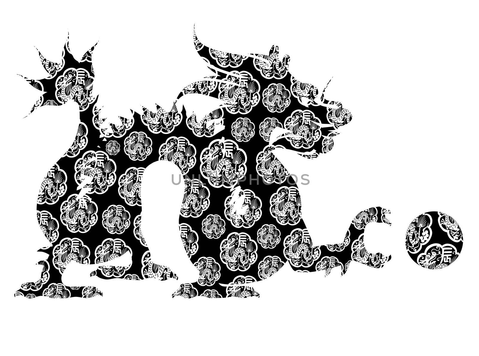 Chinese Dragon Sitting Abstract Black and White Clip Art Isolated on White Background