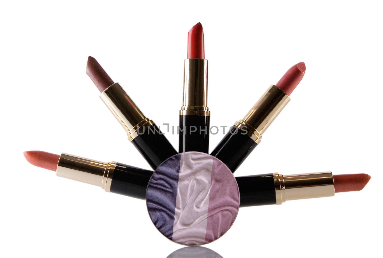 different red lipstick, beauty concept on white background