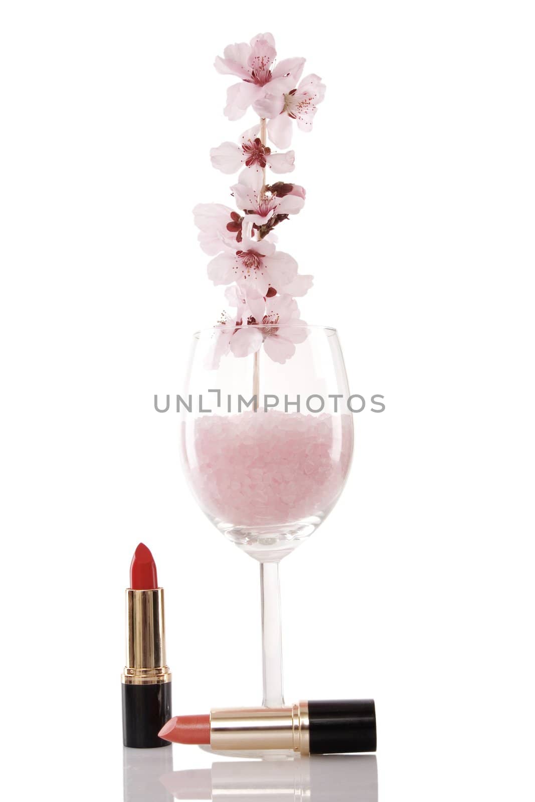 red lipsticks and cherry flower on white background