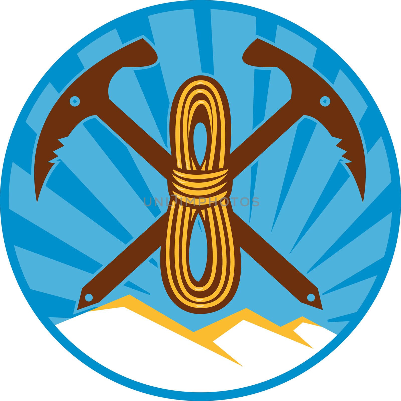 illustration of a crossed pick ax rope bundle mountain with sunburst set inside circle