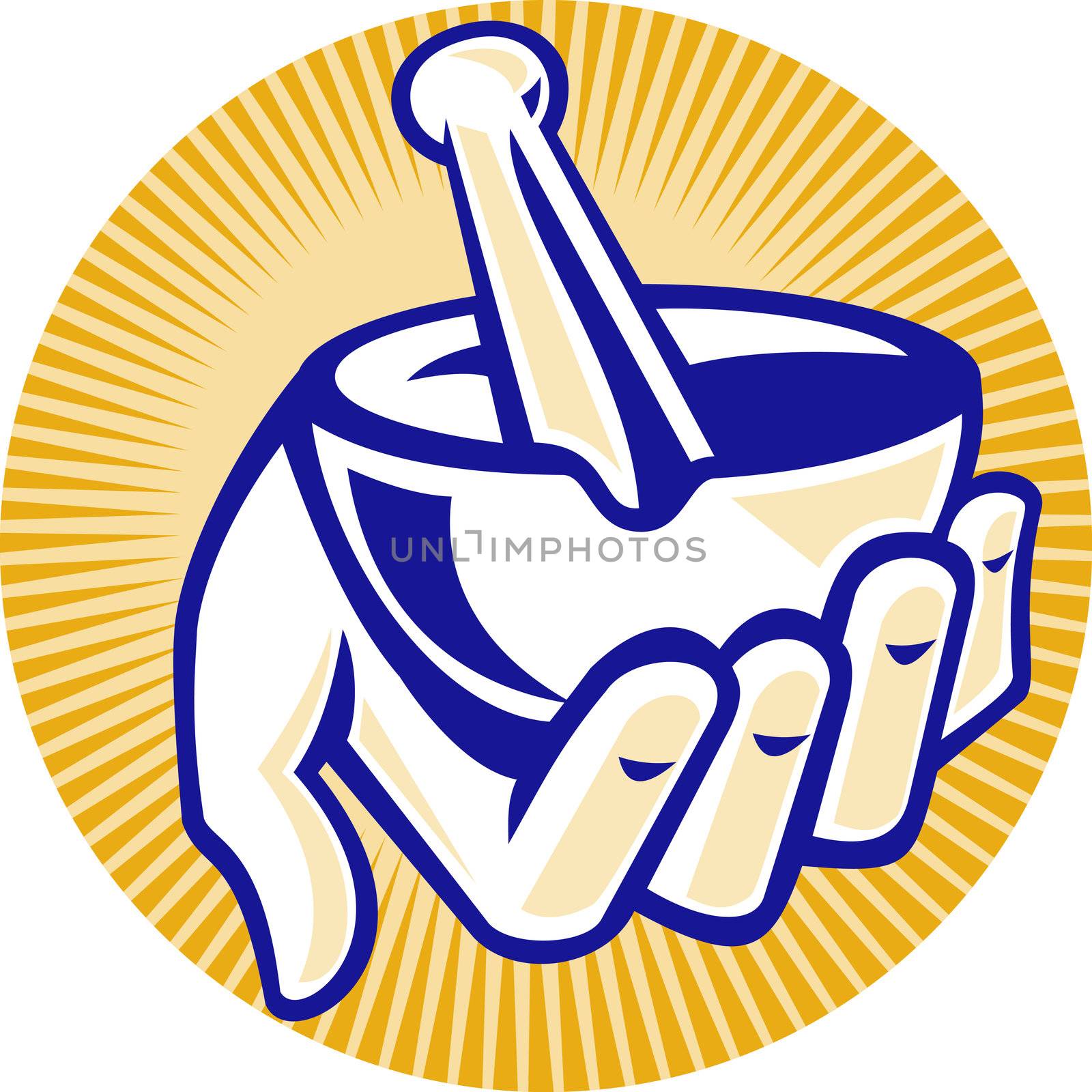 illustration of a pharmacist hand holding mortar and pestle set inside circle with sunburst done in retro style.
