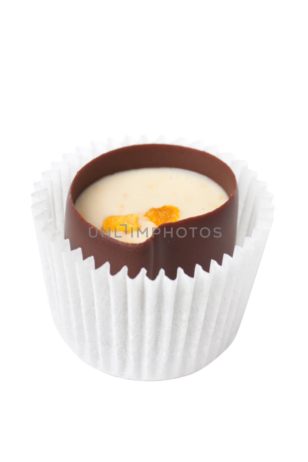 Closeup view of chocolate candy over white background