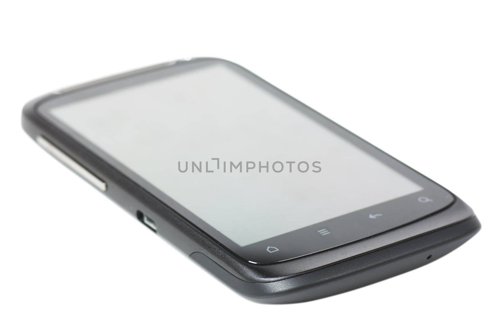 New smartphone with large touch screen over white background