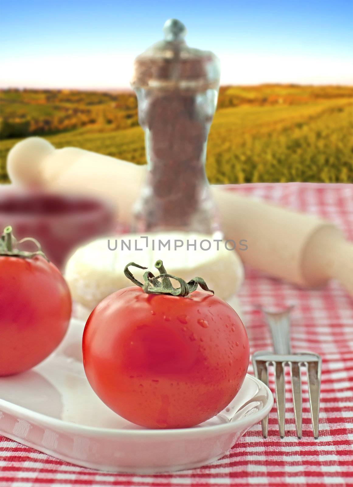 Close up of Tomato over a white plate, with other tomato, cheese and kitchen tools on the background
