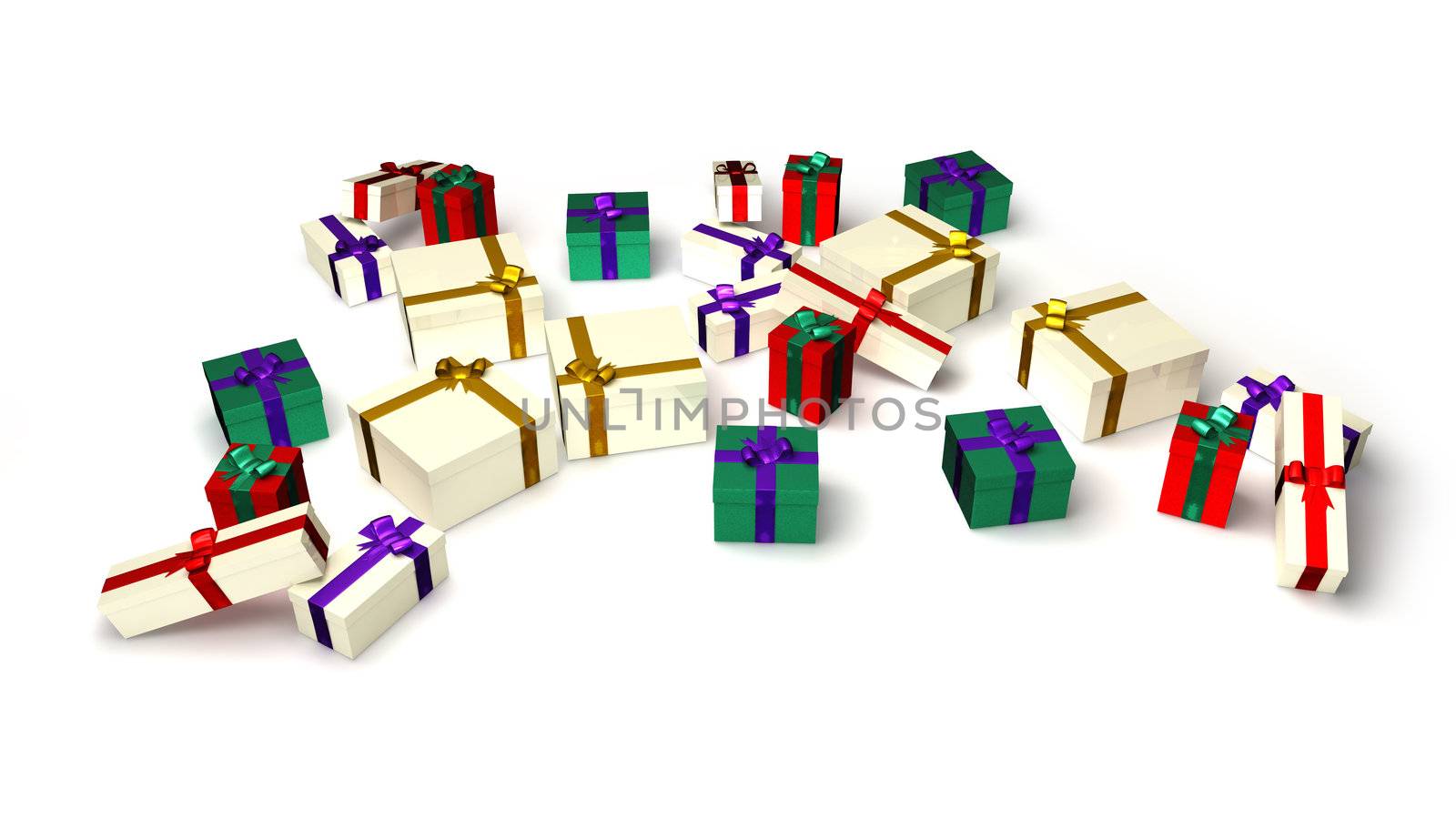 Multi colored gifts with nice ribbons on a white background