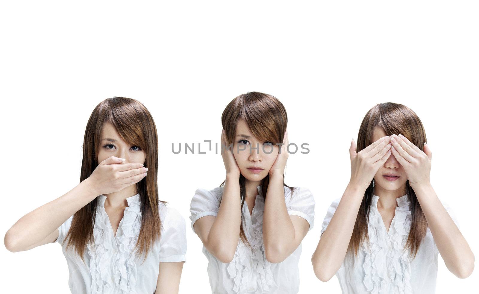 Woman showing different gesture on white background