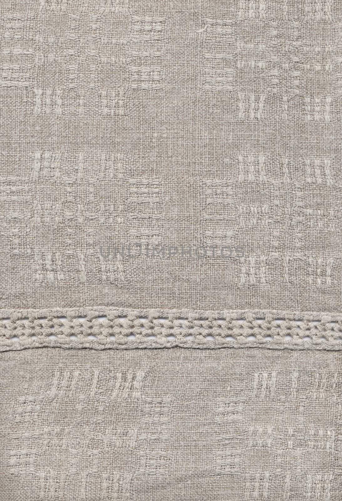 Handmade: fragment of a homespun rural linen cloth on a dining table, 40 years of 20 centuries, Ukraine, USSR. Wrong side
