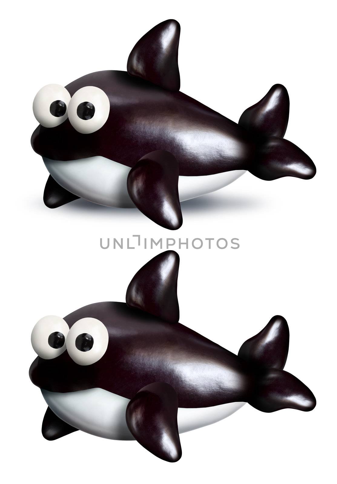 A cartoon killer whale made with vegetables and fruit.