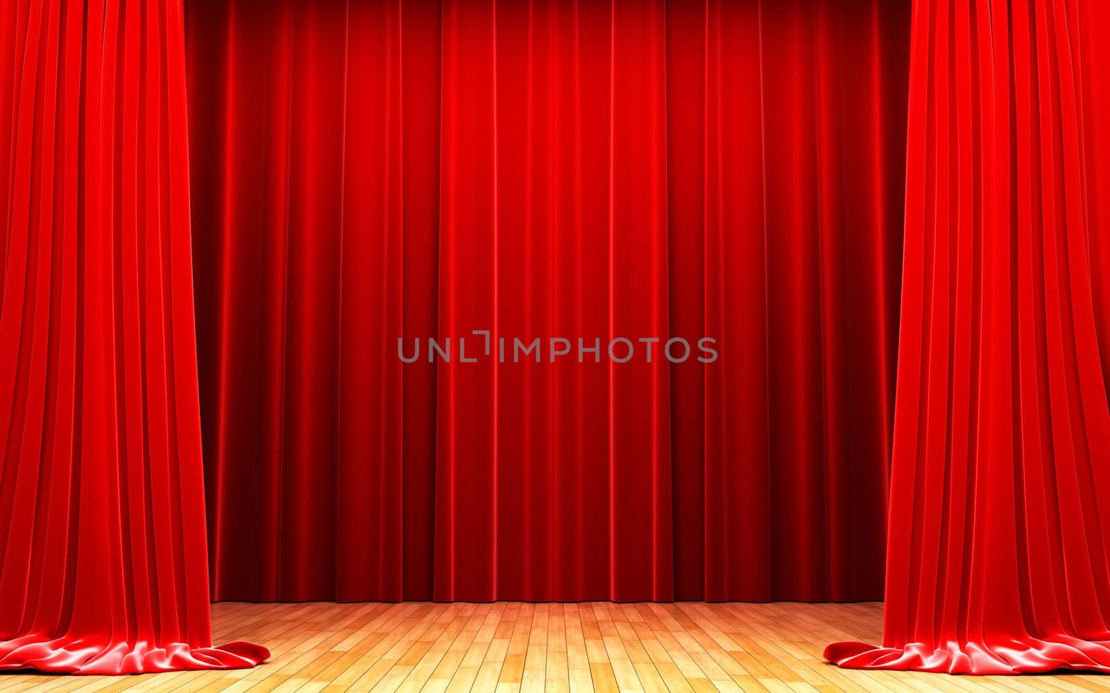 Red velvet curtain opening scene made in 3d