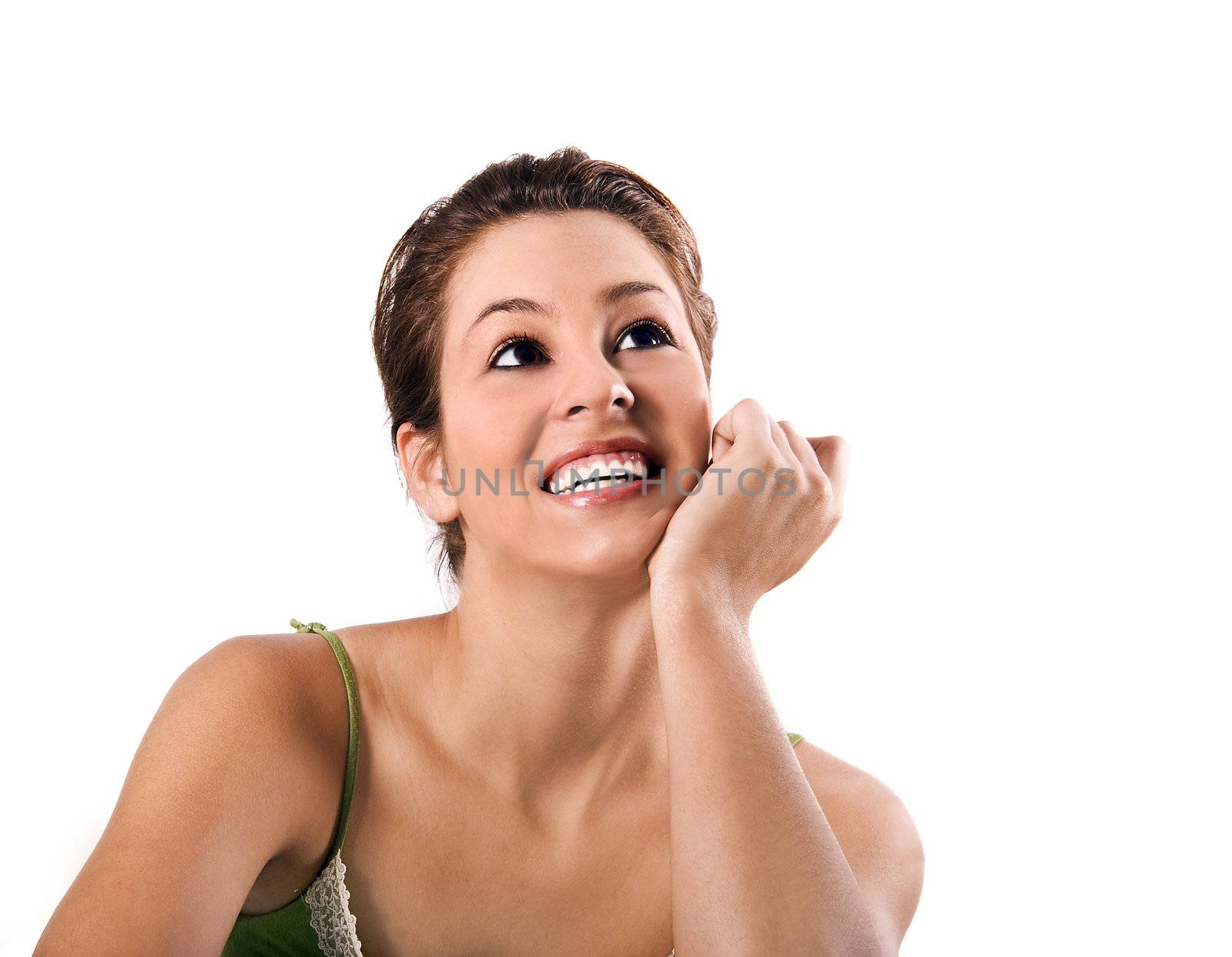 a Beautiful happy smiling woman on a background with space with text