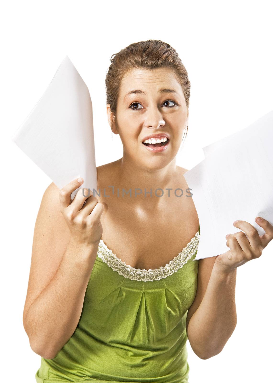 Beautiful young woman being discouraged by a overload of work - on a white background with space for text