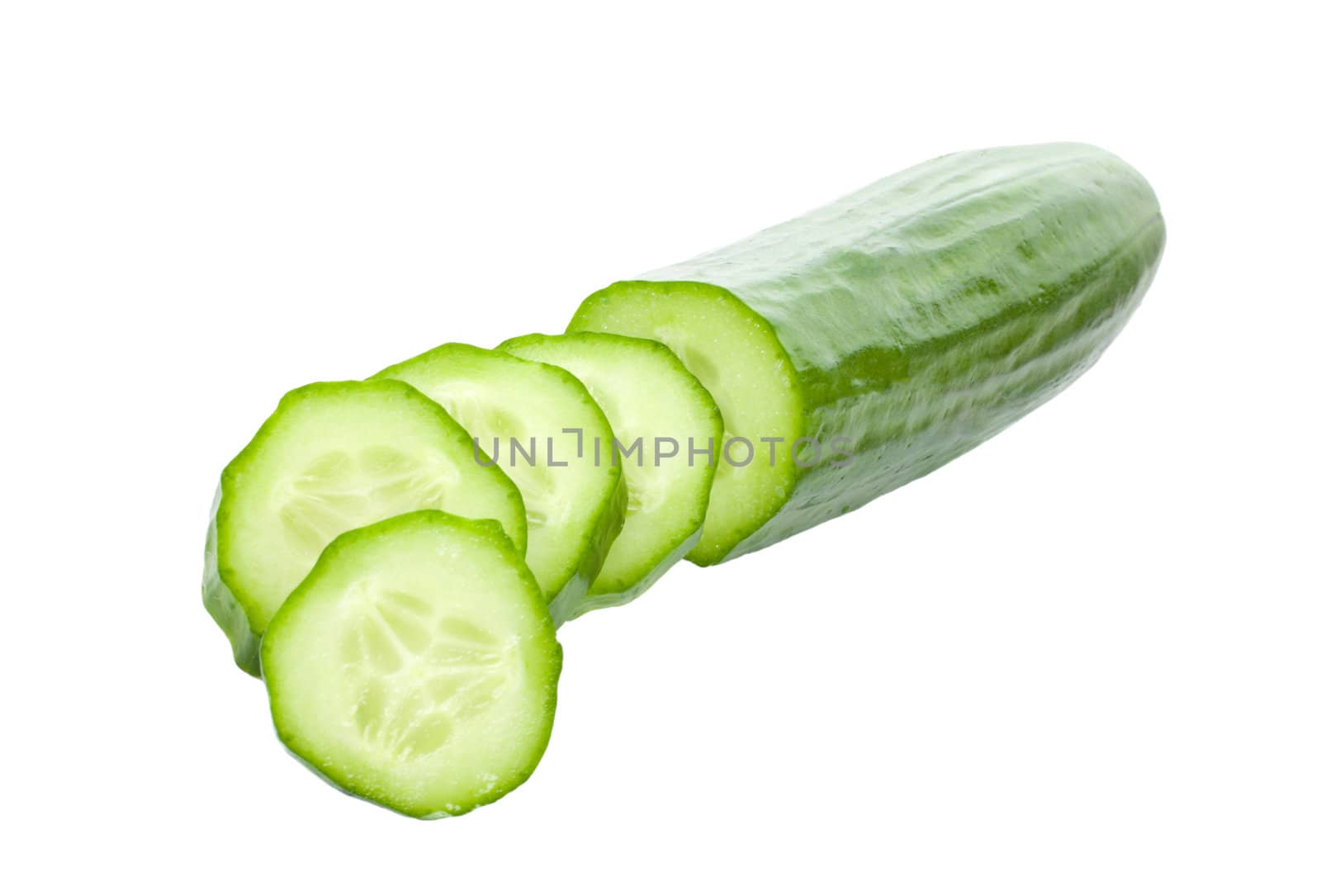 close-up sliced cucumber, isolated on white