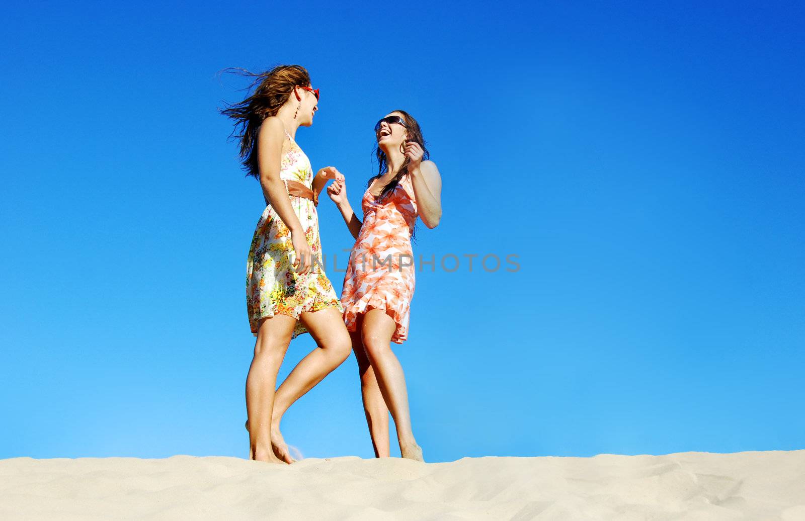 Two young woman having fun on the beach on a summer day by tish1