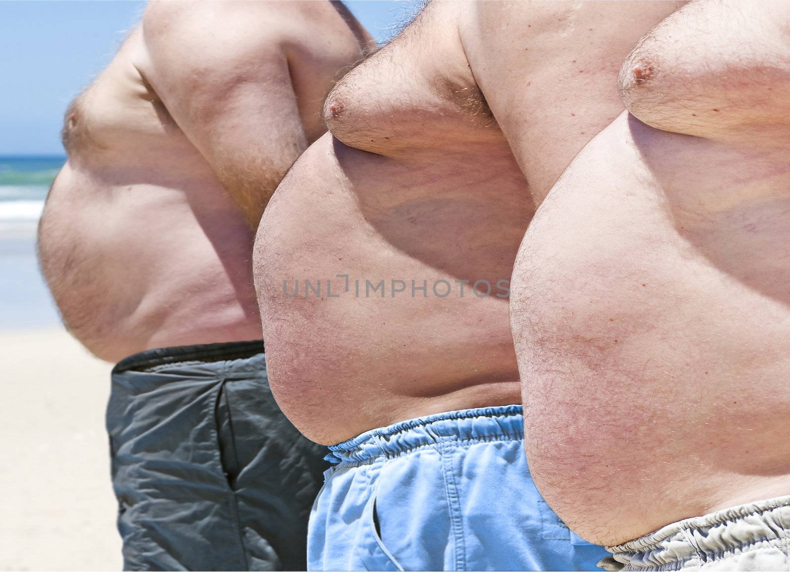 Close up of three obese fat men of the beach by tish1