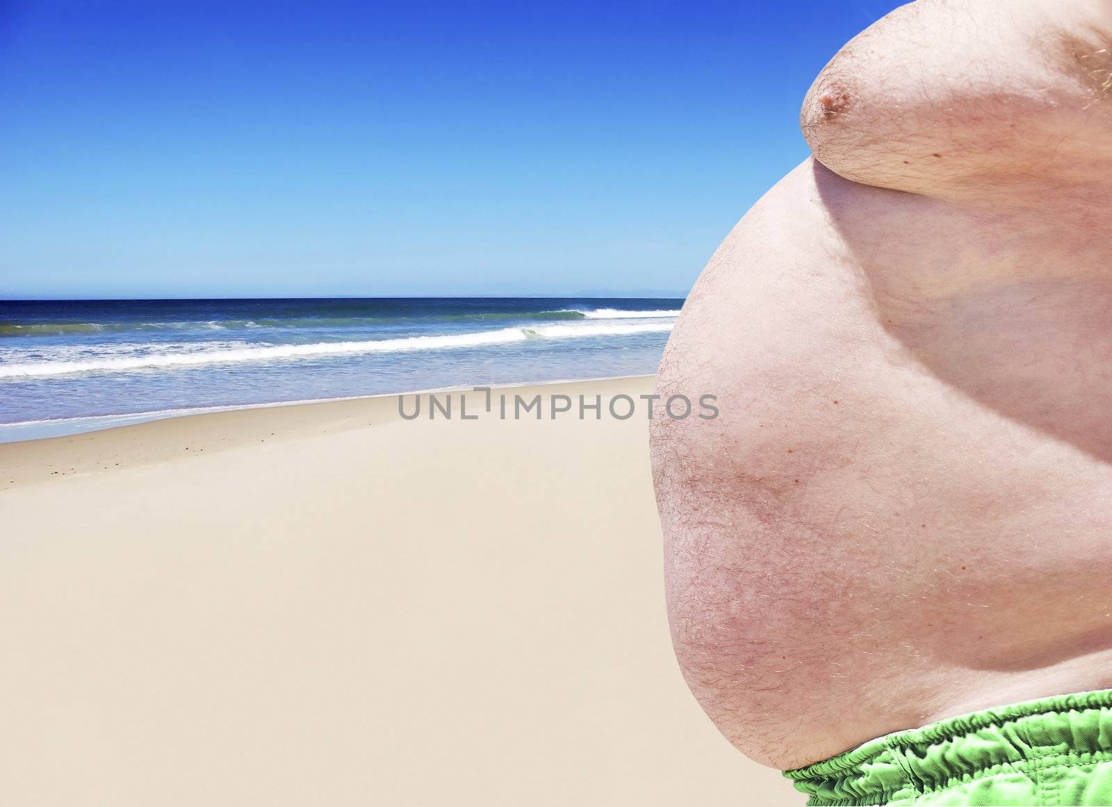 Close up of three obese fat men of the beach