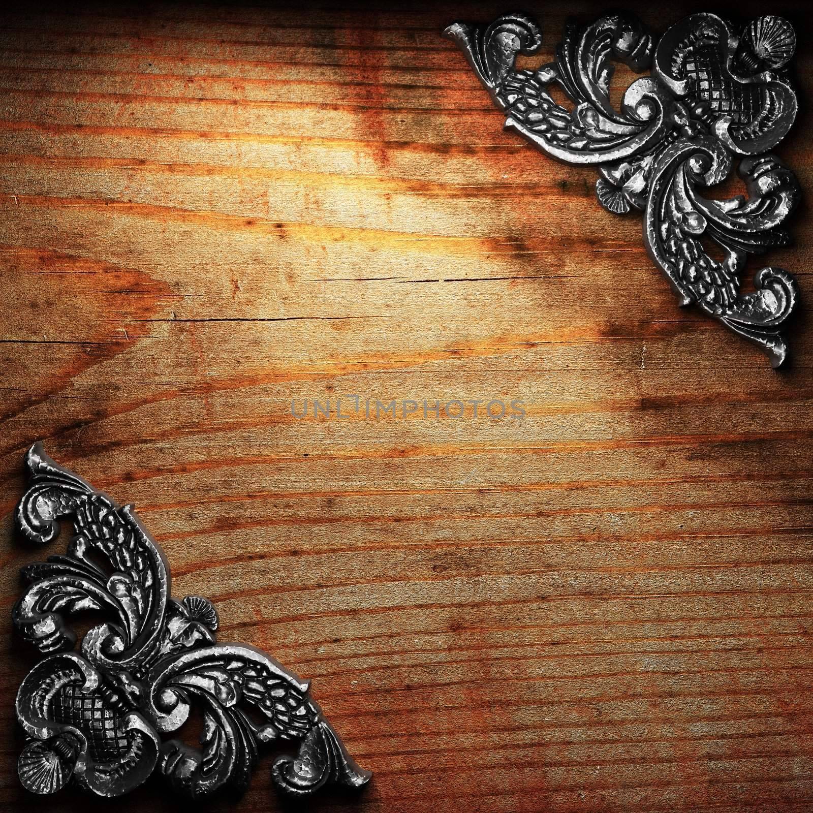 iron ornament on wood made in 3D