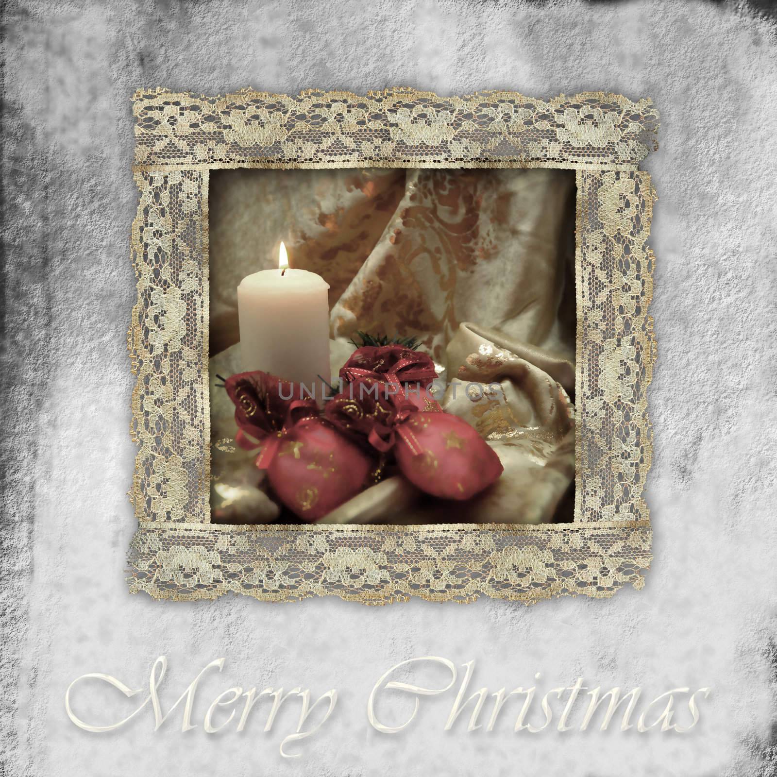 Christmas card, candle and  gifts, old lace framed