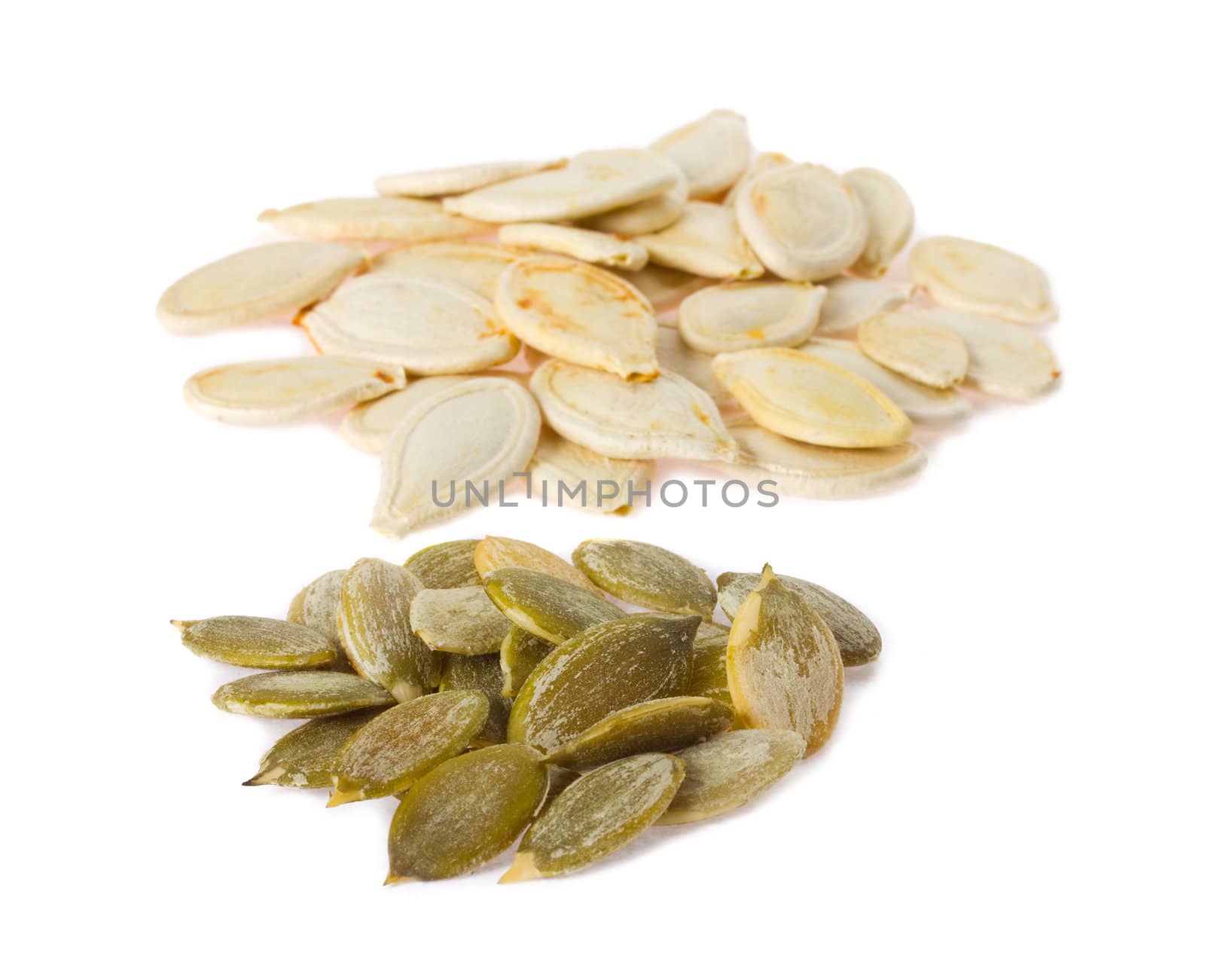 close-up seeds of pumpkin, isolated on white