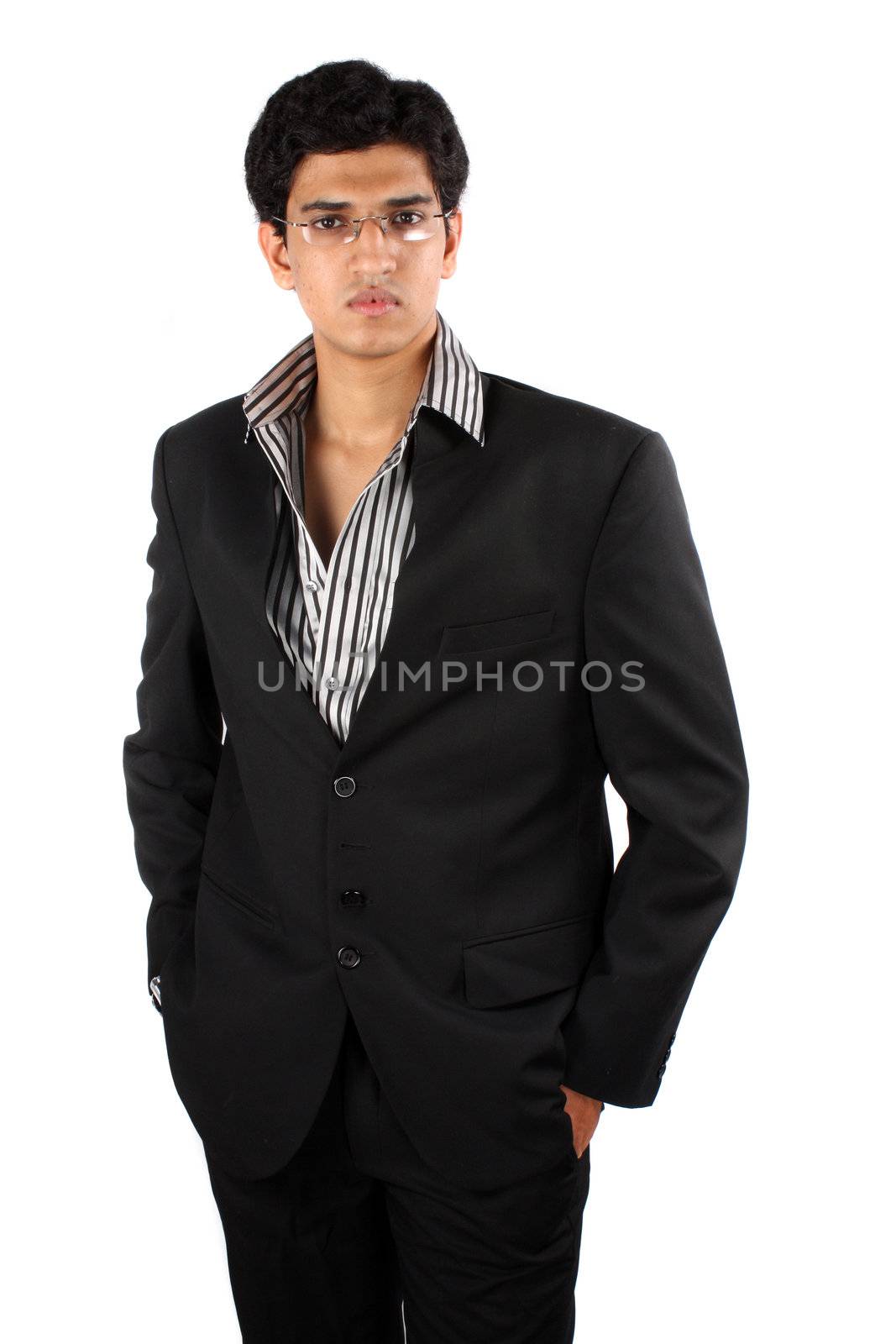 A young Indian entrepreneur, isolated on a white studio background.