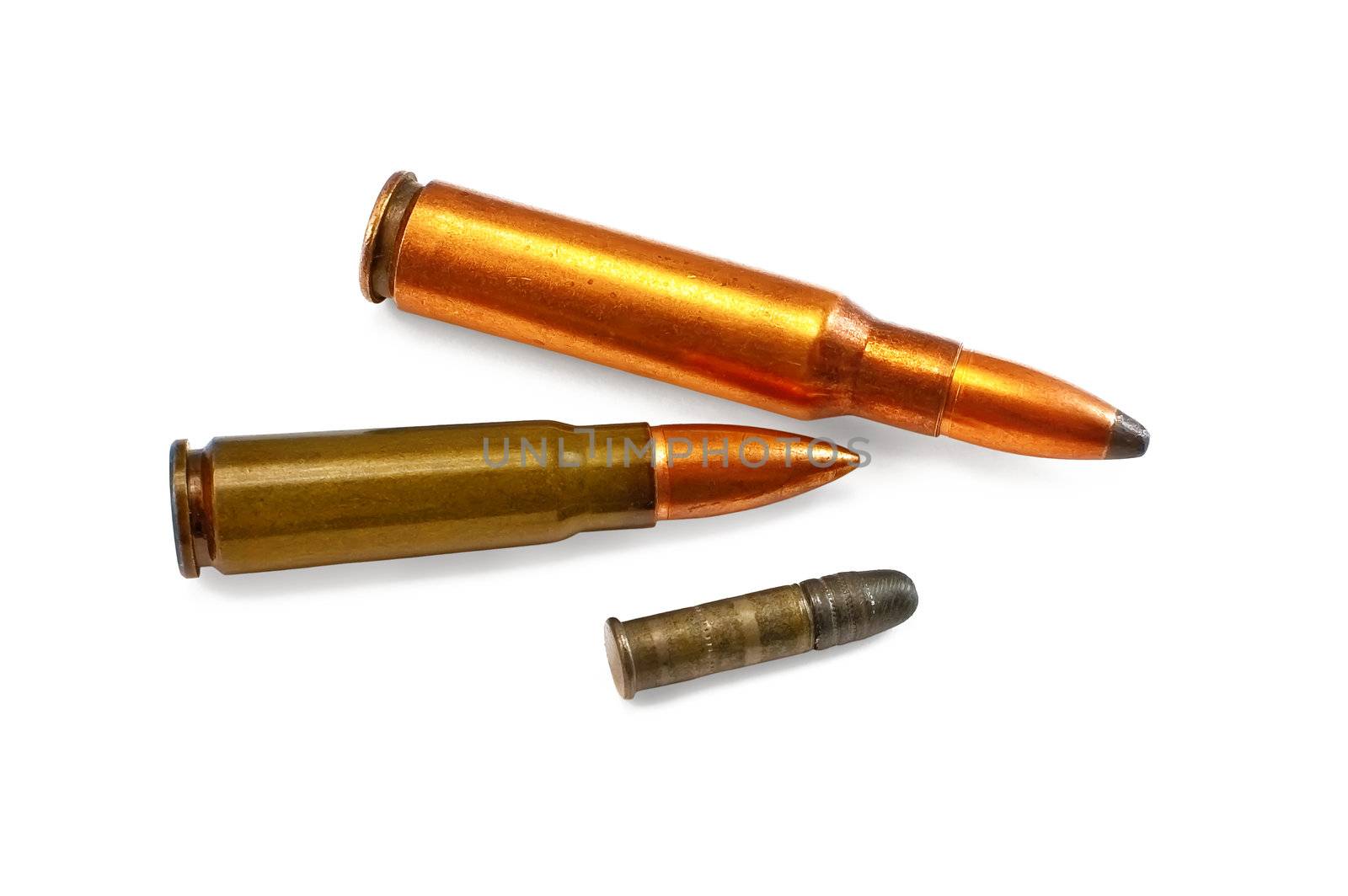 Two cartridges for the automatic weapons and one for small-bore rifle isolated on a white background
