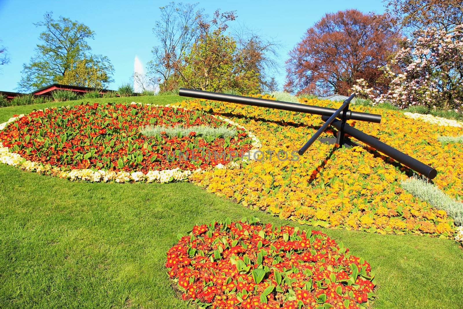 Famous flower clock with lots of colors and fountain behind in Geneva, Switzerland