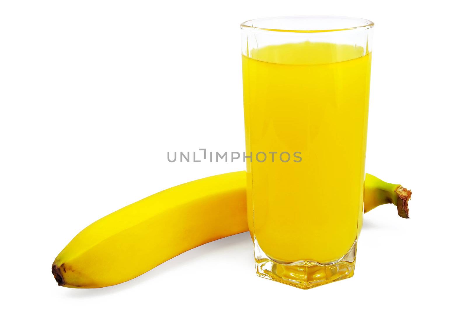Banana juice in a glass beaker with a banana isolated on a white background