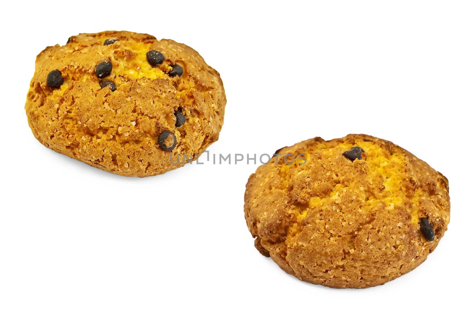 Two cookies with the balls of chocolate isolated on white background