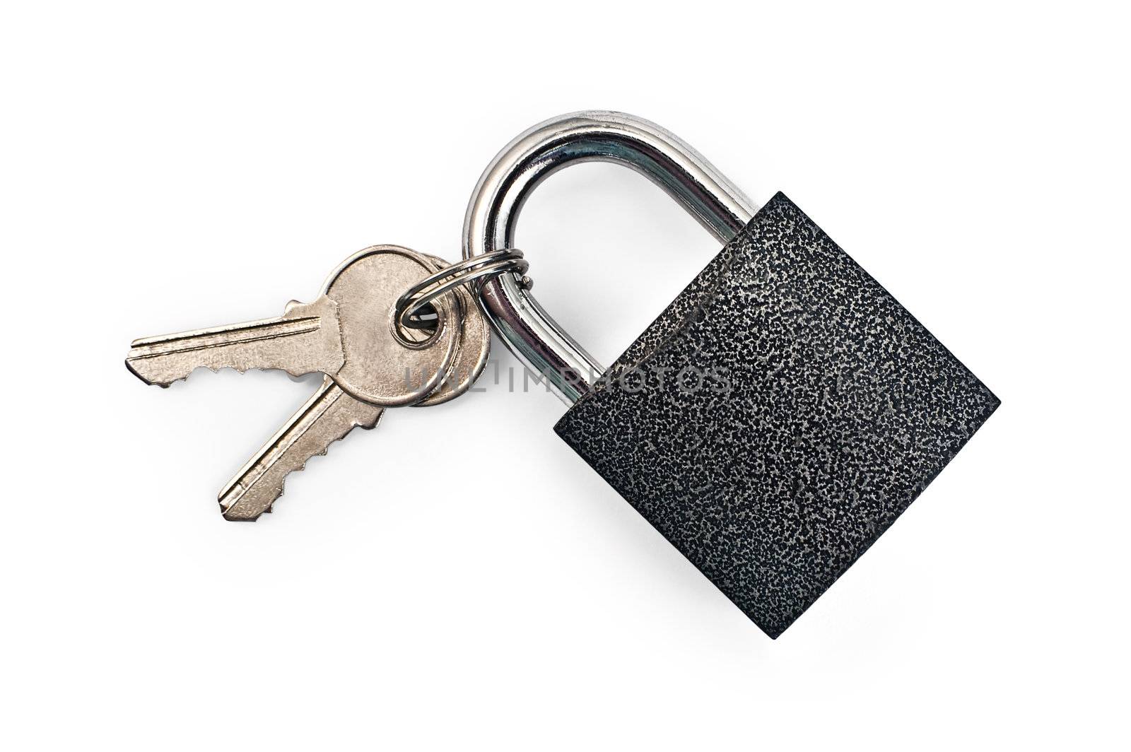 Black padlock with keys isolated on a white background