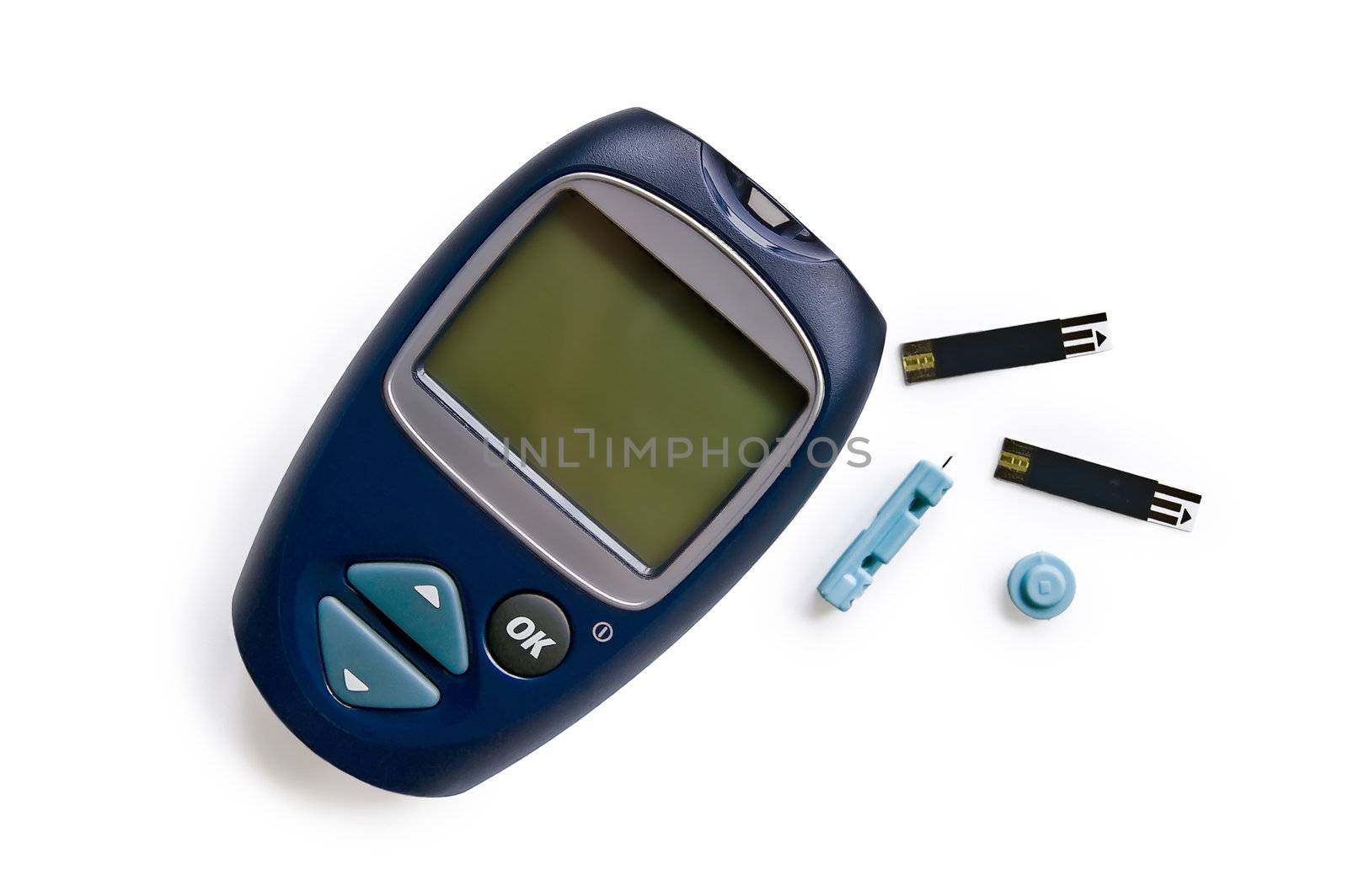 Blue instrument for measuring glucose levels with test strips and needles isolated on a white background