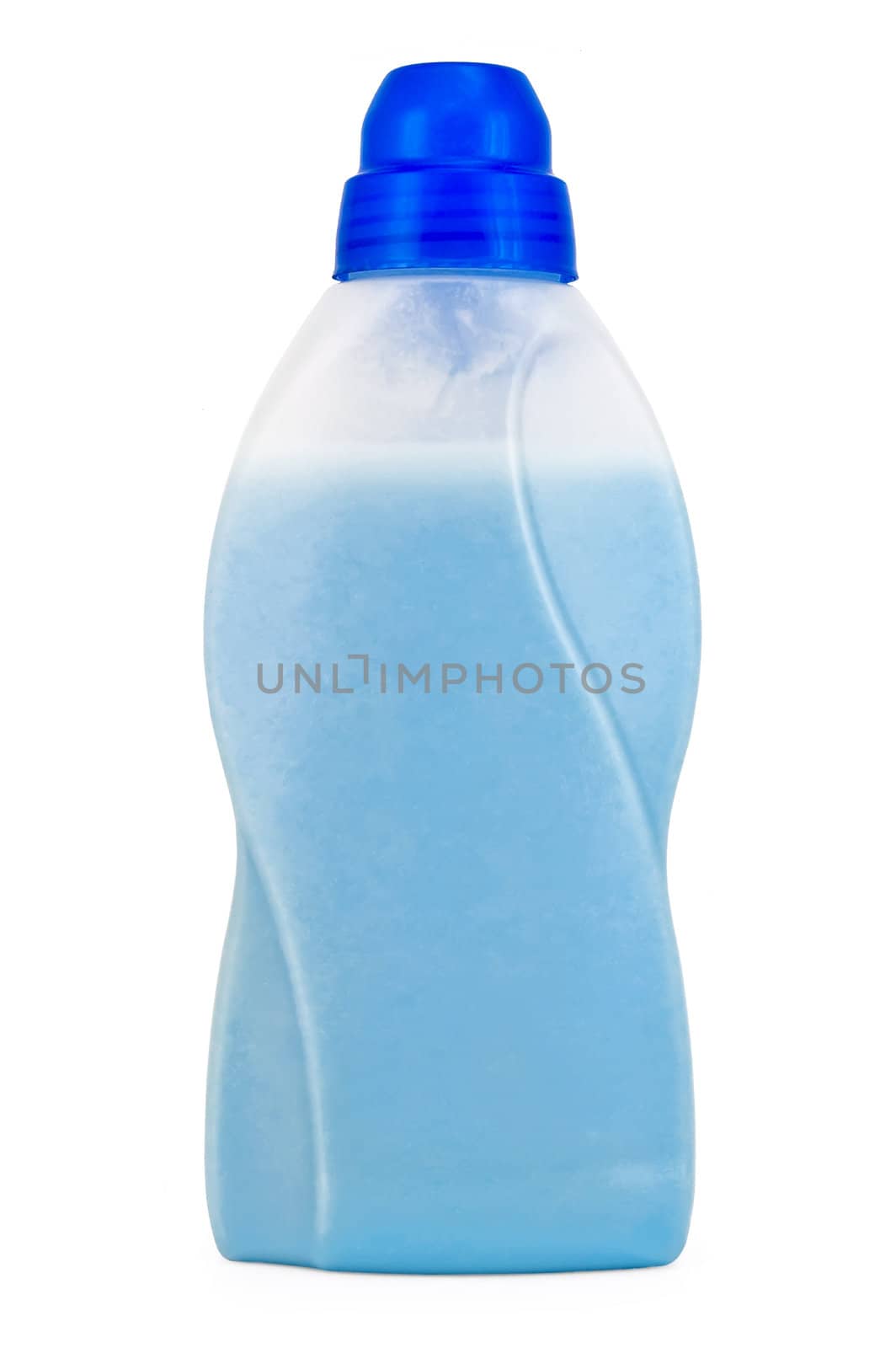 Bottle with blue cleaning fluid and mitigate isolated on a white background