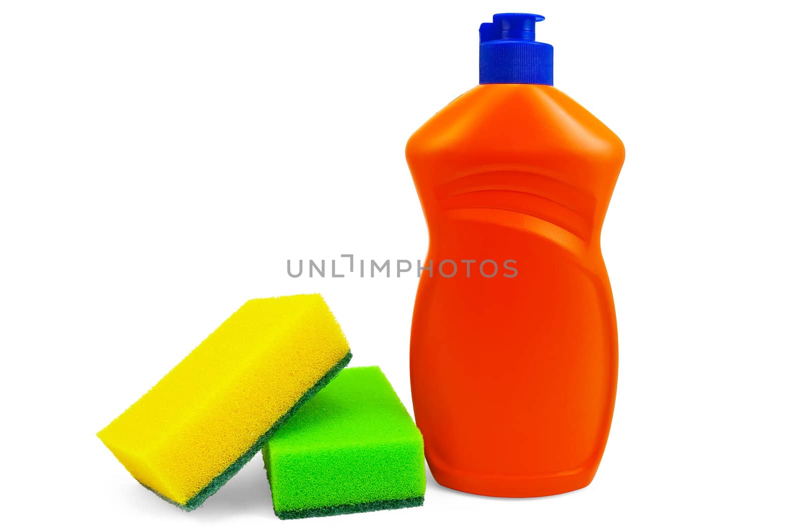 The orange bottle with detergent and two sponges isolated on white background