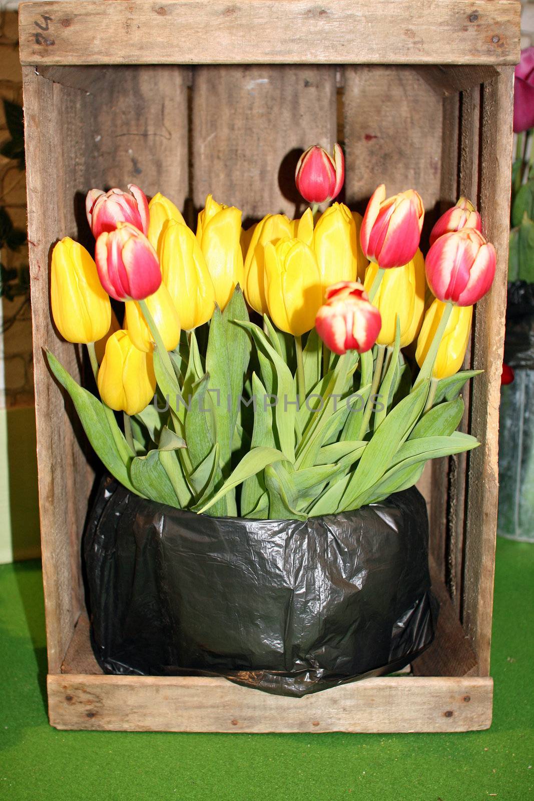 tulips on sales booth. rustic facility with a crate.