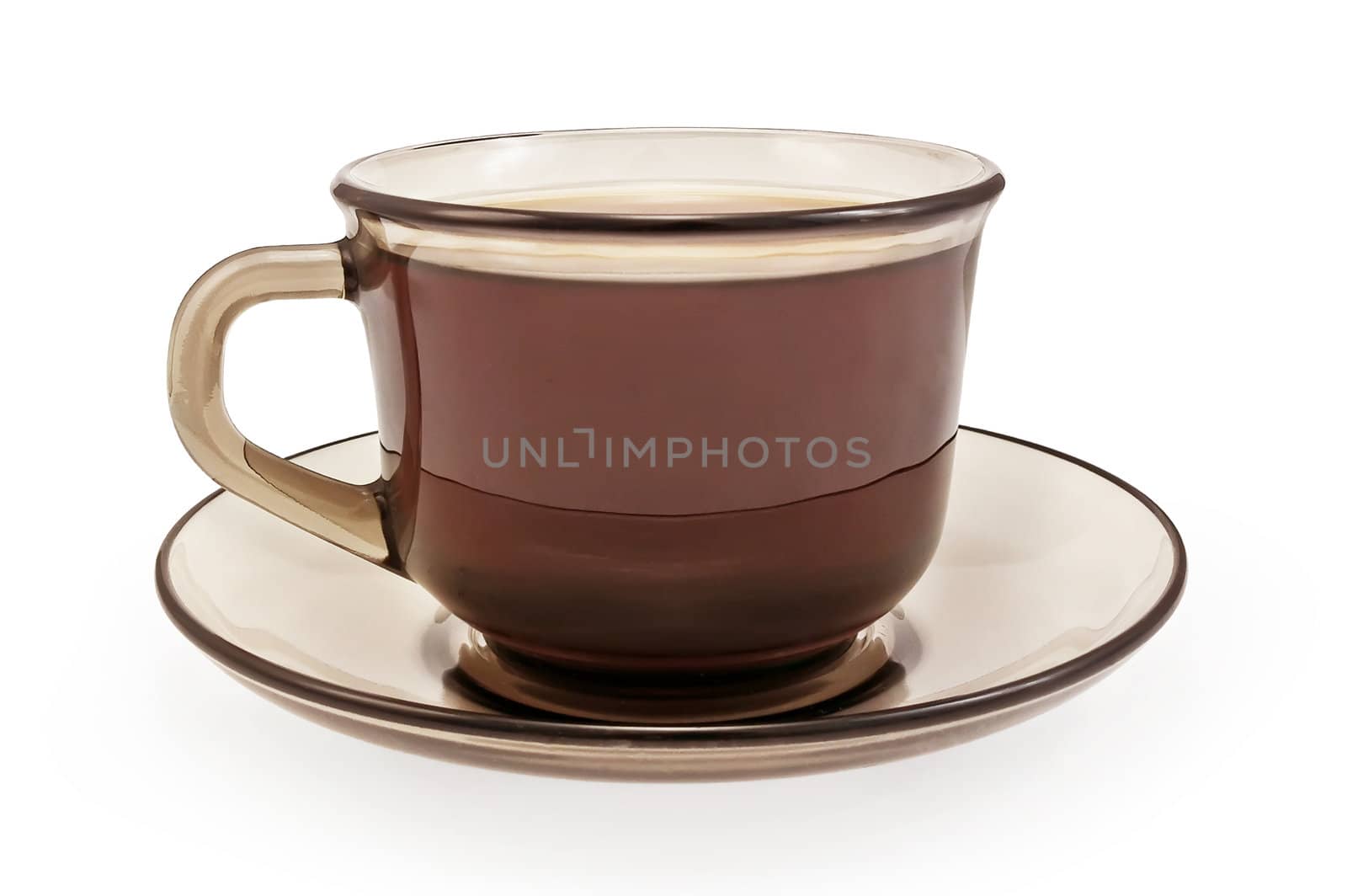 Coffee in a brown cup and saucer from the side isolated on white background