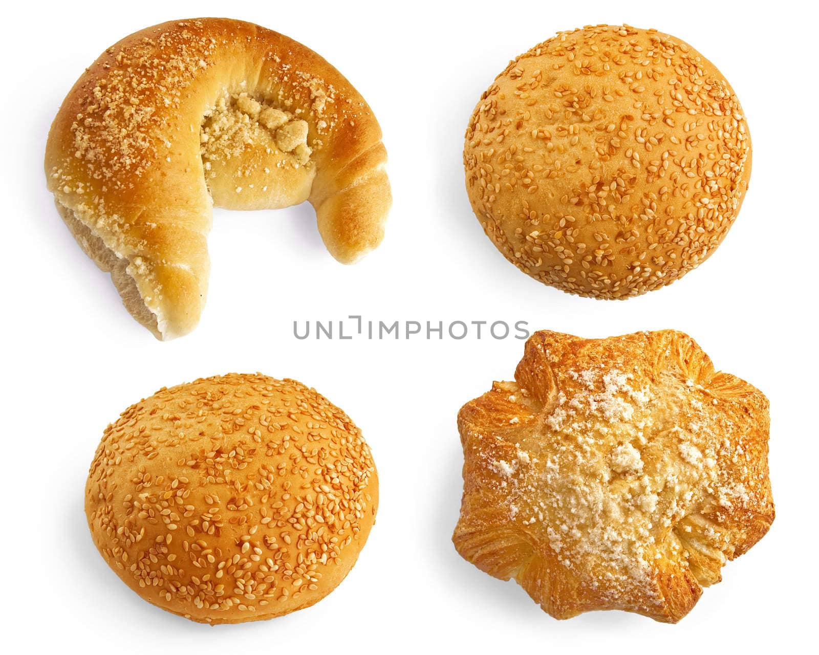 Various buns isolated on a white background