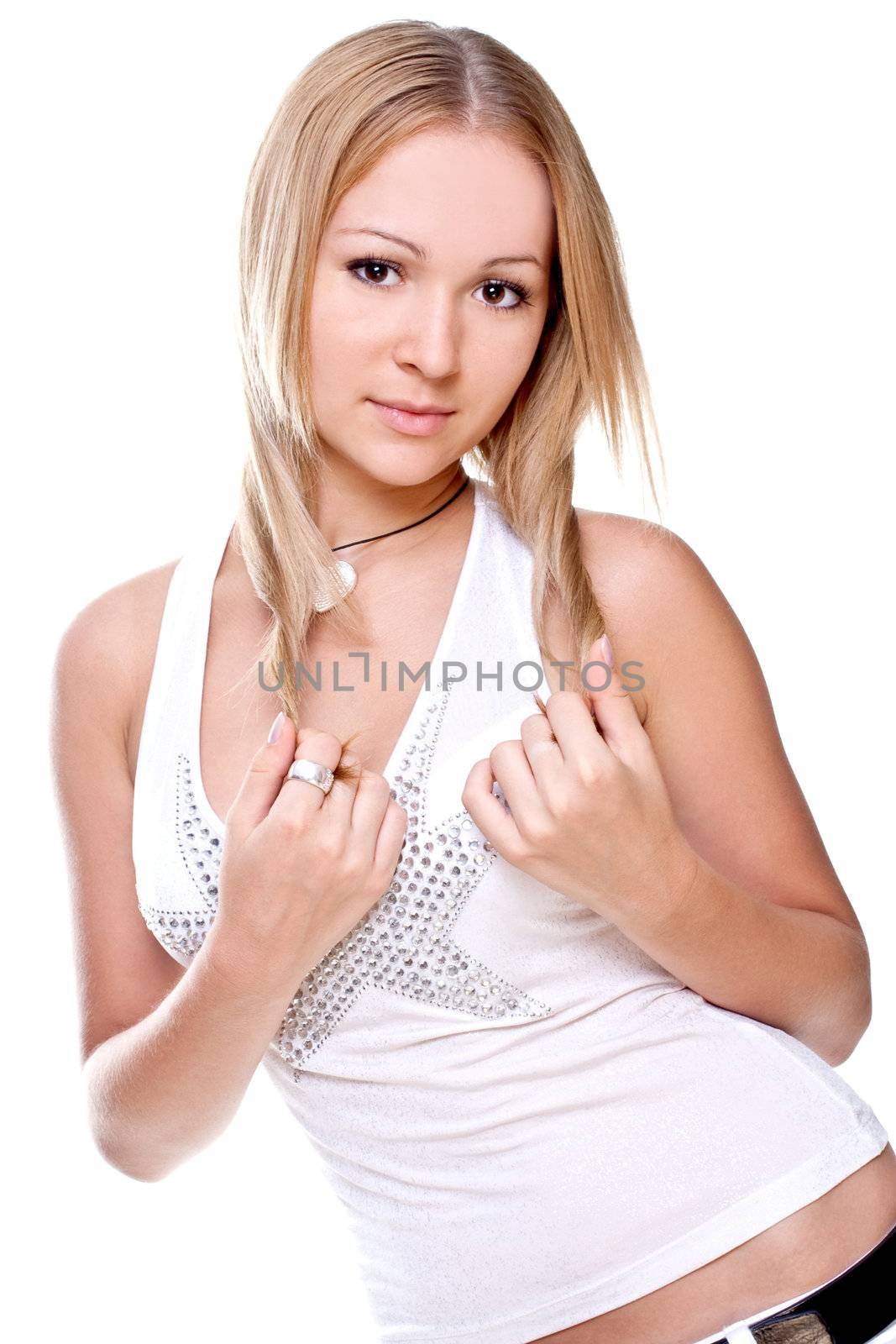 beautiful women in a shirt on a white background