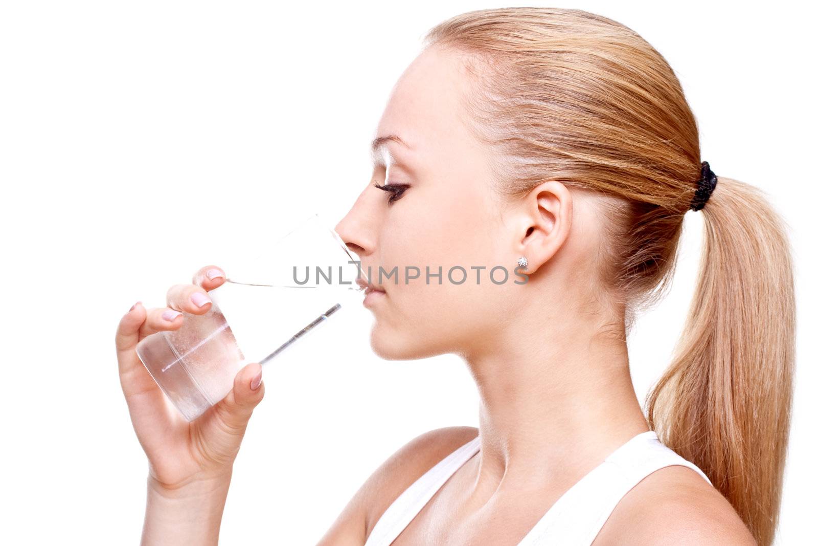 beautiful woman drinking water on a white background