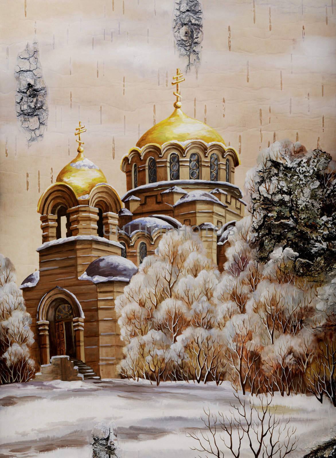 Drawing distemper on a birch bark: the Cathedral in honour of sacred prince Alexander Nevskij, Russia, Novosibirsk
