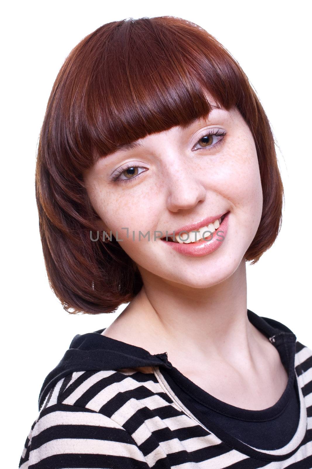 laughing girl in a T-shirt on a white background